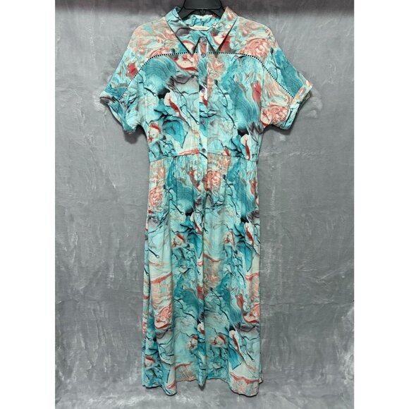 Soft Surroundings M Shirt Dress Blue Coral Marble Abstract Print Rayon Midi - Picture 1 of 9